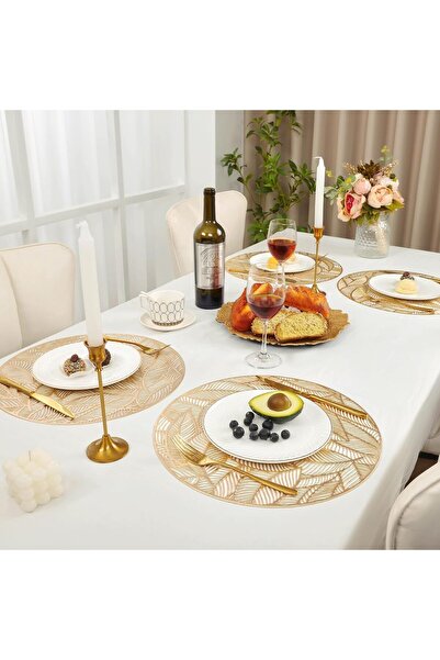 Arabest 4-Pack Round Dining Table Mats, Pressed Vinyl, Gold Leaf Placemats, N...