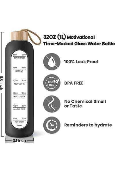 Generic YHRY Borosilicate Glass Water Bottle, Leak Proof Reusable BPA Free Motivational Water Bottle with S