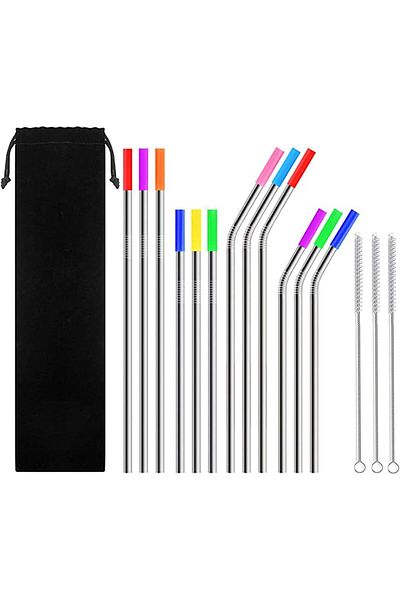 Generic SLGOL 12-Pack Reusable Stainless Steel Metal Straws with Silicone Tips, Long Drinking Straws for Rt