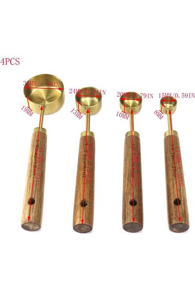 Generic ALMEKAQUZ 4PCS Measuring Cups Spoons Set Gold Kitchen Baking Tools with Wood Handle and Scale for C