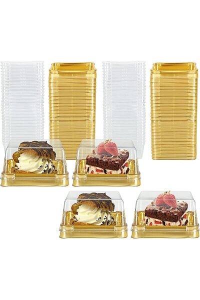 Arabest 50 Pcs Transparent Plastic Dessert Box, Gold Base Mini Cake & Mooncake Container for Wedding, Baby S
