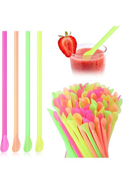 Generic Khazna Snow Cone Spoon Straw, Disposable Spoon Straws, 500 Pcs 7.87 Inch Colorful Hard Plastic Stra