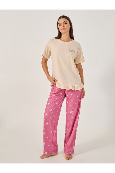 Styli Printed Pajama Set with Round Neck T-Shirt