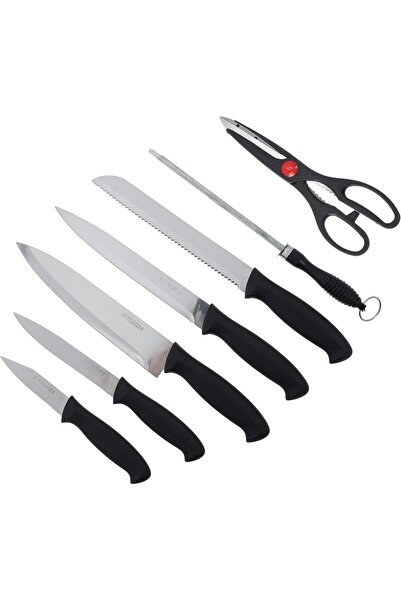 ROYALFORD 7-piece Kitchen Knife Set with Wooden Block, Scissors & Sharpener (Black, RF10229)