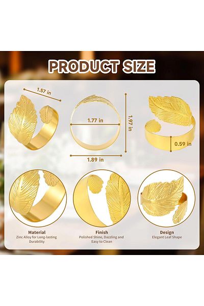 Generic SICHER Gold Napkin Rings Set of 12 Shiny Metal Leaf Boho Napkin Rings for Weddings, Christmas, Part