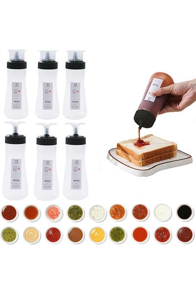 Generic Durku 6 Pack Condiment Squeeze Bottles for Sauces - 12 Oz Squirt Bottles for Liquids, Easy Pour Sau