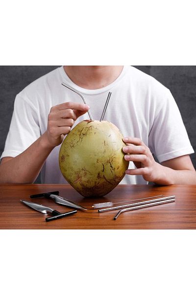 Generic 2 PCS Coconut Opener Tool Set with 4 Reusable Straws & Brush, Food Grade Stainless Steel Coco Nut B