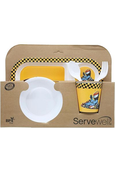 Servewell Melamine Kids 5-Pcs Set – 11" Plate, 5.5" Bowl, 3.2"x2.2" Tumbler, 6.3" Spoon & Fork
