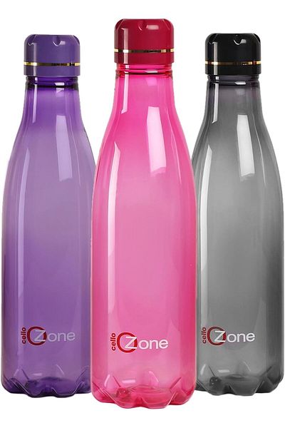 Generic Cello Ozone Plastic Water Bottle | 1 Liter, Set of 3, Assorted | Freezer Safe | Leak proof & break-