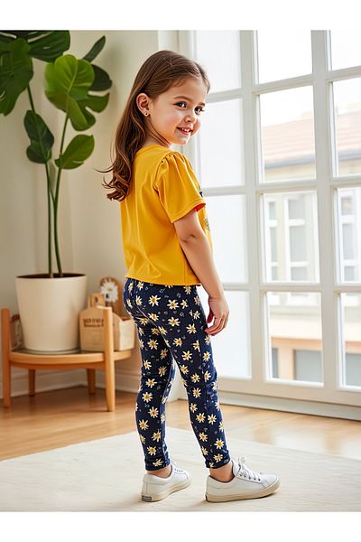 Take Two By Styli Kids 2pcs Orange Short Sleeve T-Shirt and Floral Leggings Set
