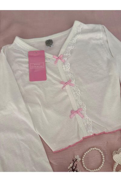 MH Moony Homewears Ruzova Ribbon Detailed Crop Long Sleeve Top Pajama Set