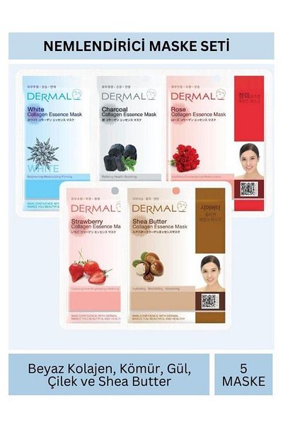Dermal Moisturizing Set: 5 Pieces of 23Gr White Charcoal, Rose, Strawberry, Shea Butter and Essence Mask