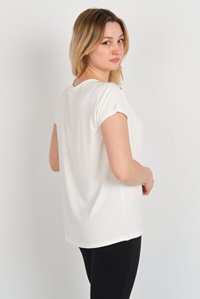 Sistas Women's Short Sleeve Shoulder Ornament Button Crew Neck Blouse 24157 Ecru