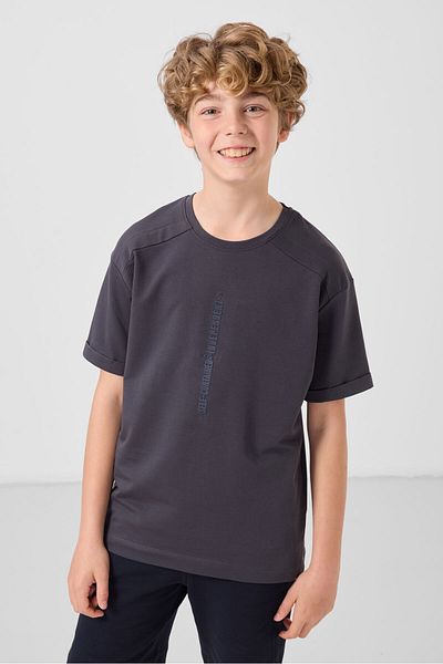 TOMMY LIFE Anthracite Cotton Soft Textured Oversize Printed Boy's T-Shirt - 11301