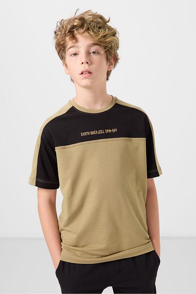 TOMMY LIFE Dark Beige Cotton Soft Textured Oversize Fit Embroidered Boy's T-Shirt - 11290