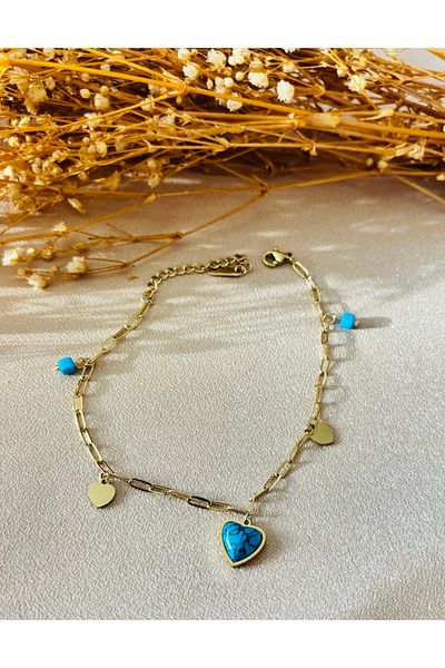 Markiz Takı Blue Heart Detail Steel Anklet