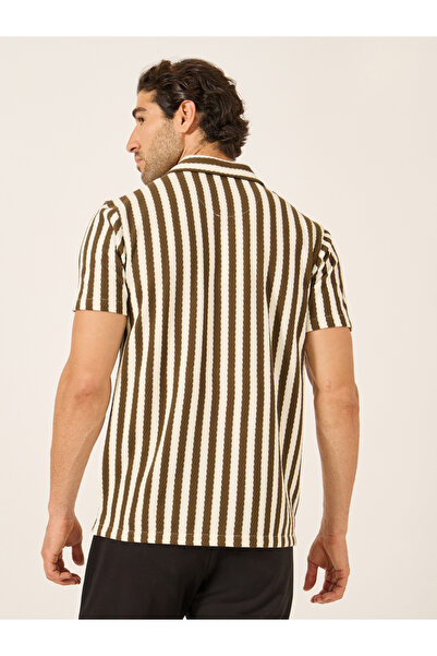 Fort Collins By Styli Men Brown Striped Short Sleeve Regular Fit Shirt