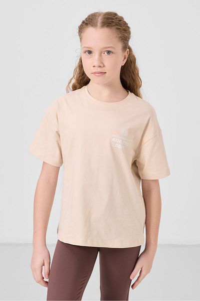 TOMMY LIFE Beige Cotton O Neck Oversize Fit Printed Girl's T-Shirt - 75178