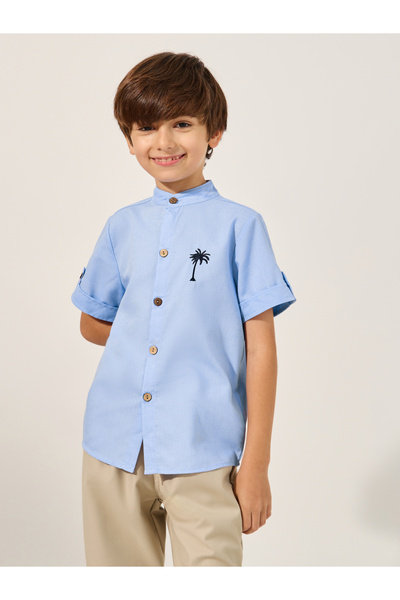 Styli Embroidered Detail Mandarin Collared Shirt