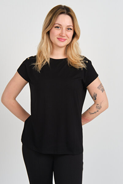 Sistas Women's Short Sleeve Shoulder Embellished Button Crew Neck Blouse 24157 Black