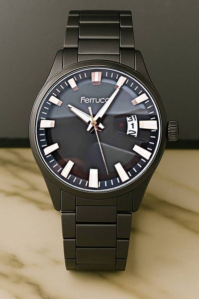 Ferrucci Brand Men's Wristwatch - Black Case & Steel Band - Classic Model with Calendar - Bracelet Gift