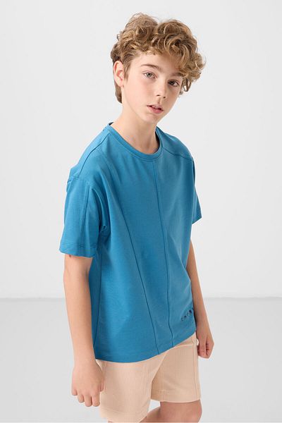 TOMMY LIFE Petrol Blue Cotton Soft Textured Oversize Basic Boy's T-Shirt - 11297