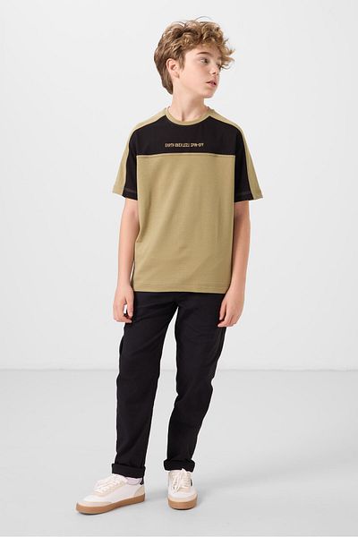 TOMMY LIFE Dark Beige Cotton Soft Textured Oversize Fit Embroidered Boy's T-Shirt - 11290
