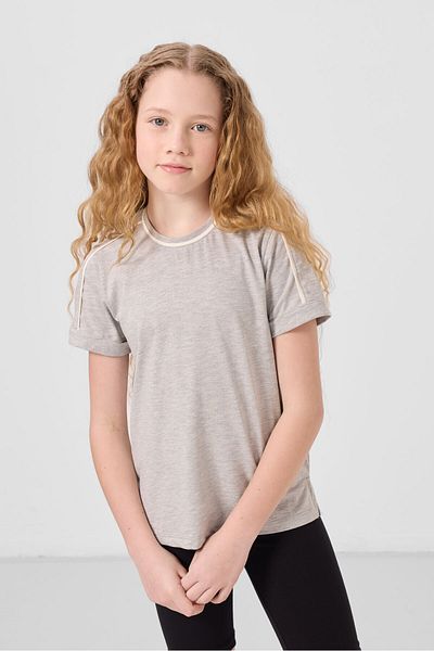 TOMMY LIFE Gray Melange Cotton O Neck Standard Fit Basic Girl's T-Shirt - 75177