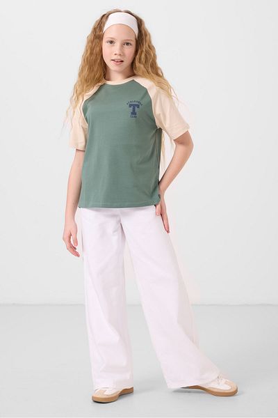 TOMMY LIFE Light Green O-Neck Cotton Printed Oversize Fit Girl's T-Shirt - 75179