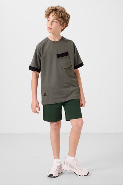 TOMMY LIFE Khaki Cotton Soft Textured Oversize Pocket Detailed Boy's T-Shirt - 11295