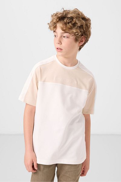TOMMY LIFE Ecru Cotton Soft Textured Oversize Fit Embroidered Boy's T-Shirt - 11290