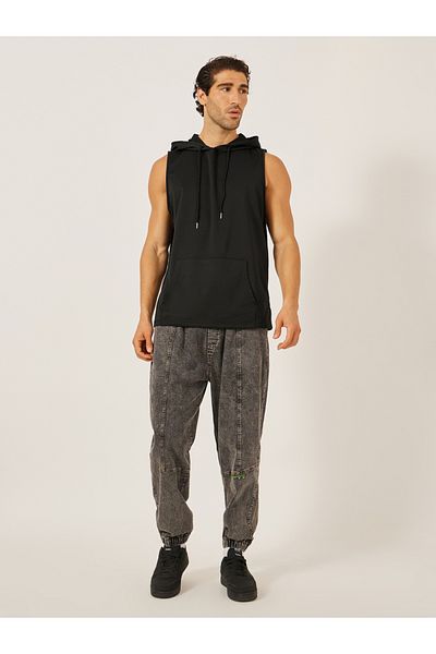 Take Two By Styli Black Sleeveless Hooded Tank Top for Men