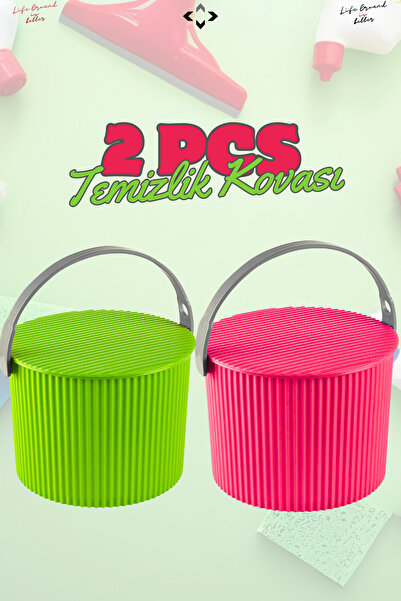 LİGROUND 2'li Rainbow YEŞİL-PEMBE Yuvarlak Temizlik Kovası Deterjan Kovası Ka...