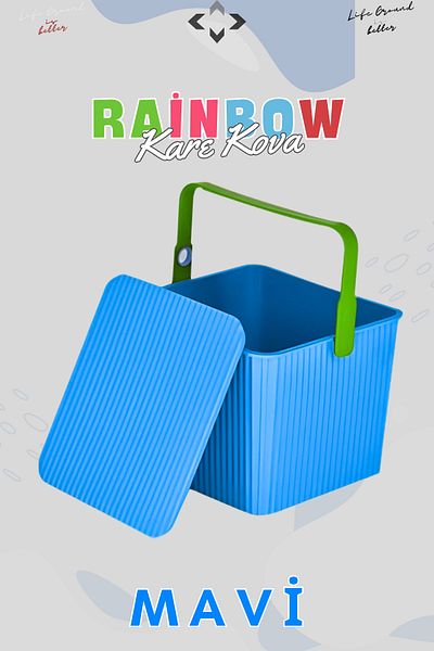 LİGROUND Rainbow Square Lid Picnic Basket Organizer with Handle 1 Piece Square Bucket Picnic Bag Basket