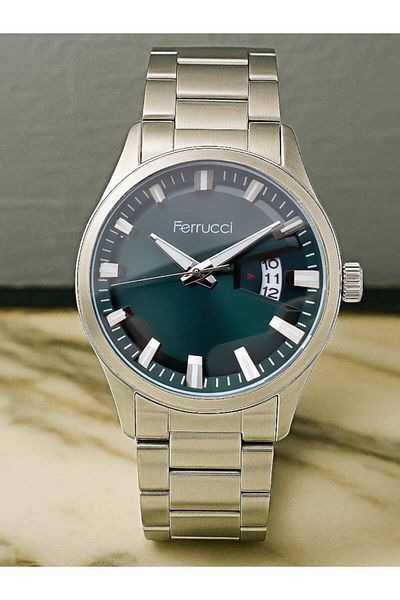 Ferrucci Brand Men's Wristwatch - Silver Case & Steel Band - Classic Model with Calendar - Bracelet Gift