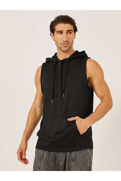 Take Two By Styli Black Sleeveless Hooded Tank Top for Men