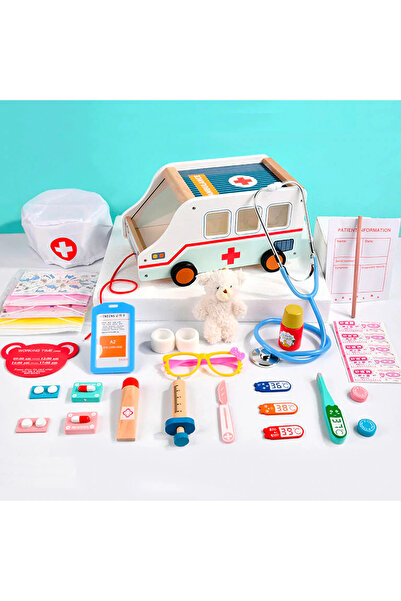 OEM Set de joaca din lemn, Doctor si masina de Ambulanta, Montessori