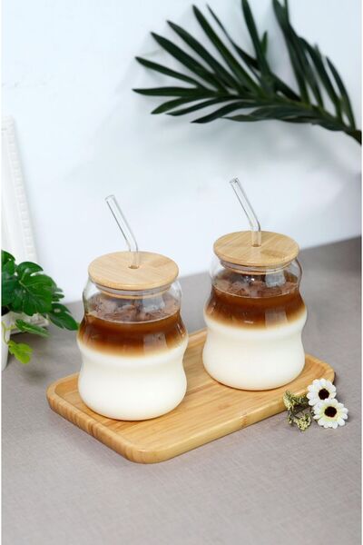 Bayev 450 ml Bamboo Lid Glass Pinterest Cup with Straw - Borosilicate Coffee Presentation Cup 401305