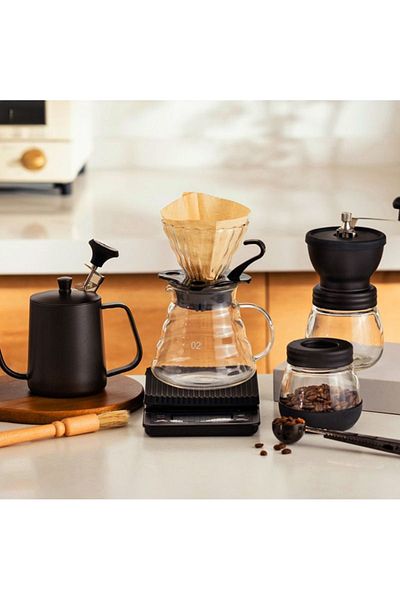 COOYA 6 Pcs V60 Premium Pour Over Manual Coffee Maker Set, with Coffee Grinder and Thermometer Dripper