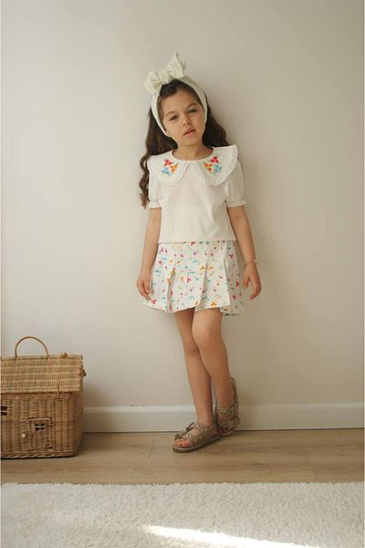 JELİBOOM KİDS Summer Floral Pleated Embroidered Skirt with Top and Bottom Suit for Girls.