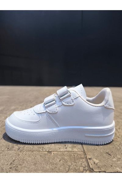 Ayakx Spor Casual Boys Girls White Sneakers Velcro Double Stripe Comfortable Lightweight Sneakers