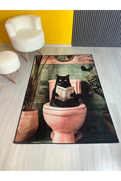 Rugs Modern Halı Lina Koleksiyonu Renkli Banyoda Siyah Kedi Desenli Dokuma Ta...