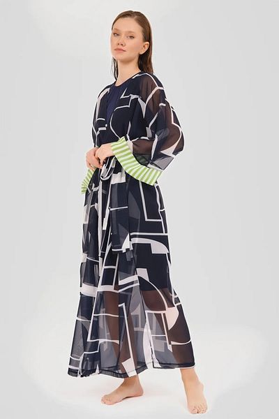 Bordomix 7051 Women's Navy Blue Geometric Patterned Pareo with Long Belt - Beach Dress