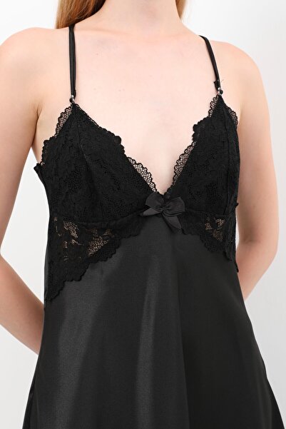 Nurteks Lace Detailed Thin Strap Nightgown & Dressing Gown Black