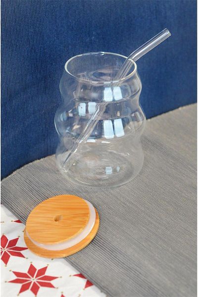 Bayev 450 ml Bamboo Lid Glass Pinterest Cup with Straw - Borosilicate Coffee Presentation Cup 401305