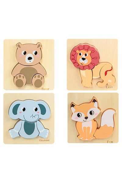 OEM Set of 4 3D wooden puzzles in relief, wild animals, 16 pieces