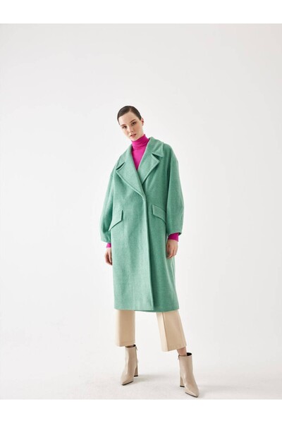 MARKAPIA WOMAN Kadın Kol Detaylı Yeşil Çizgili Oversize Kaşe Kaban Uzun