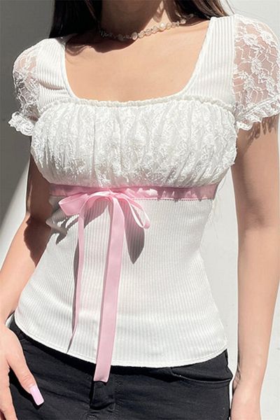 Karakedi White Lace Gathered Pink Ribbon Square Neck Short Sleeve Crop