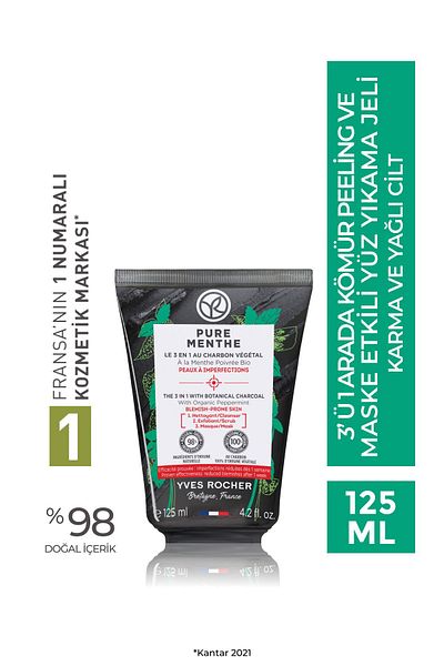 Yves Rocher Acne Prone Skin, 3 in 1, Face Wash Gel with Charcoal Peeling and Mask Effect-Pure Menthe-125Ml