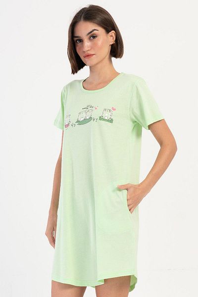 VİENETTA Women's Short Sleeve Green Nightdress 100% Cotton C5T7N0O704